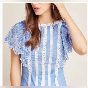 Anthropologie Light Blue Eyelet Lace-Trim Flutter Sleeve Top